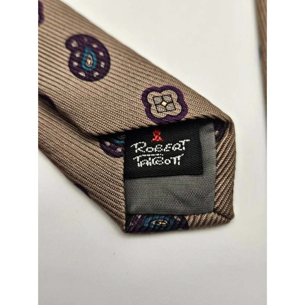 Robert Talbott Nordstrom Men Silk Tie Tan Purple Paisley Medallion Hand Sewn USA